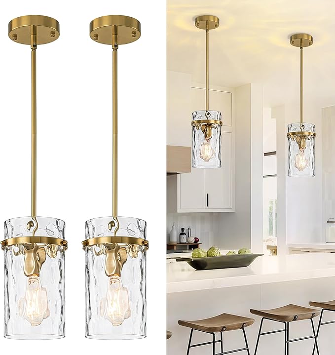 Brass Hammered Hand-Blown Glass Pendant Light, Pendant Lights Kitchen Island Lighting Gold Pendant Light Adjustable Brass Pendant Light Fixtures Dining Room Farmhouse Chandelier 2 Pack