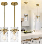 Brass Hammered Hand-Blown Glass Pendant Light, Pendant Lights Kitchen Island Lighting Gold Pendant Light Adjustable Brass Pendant Light Fixtures Dining Room Farmhouse Chandelier 2 Pack