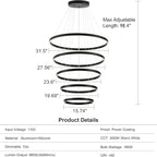 Modern LED Chandelier, 15.7"-31.4" Ring Chandelier, Black, High Ceiling, Foyer, Living Room