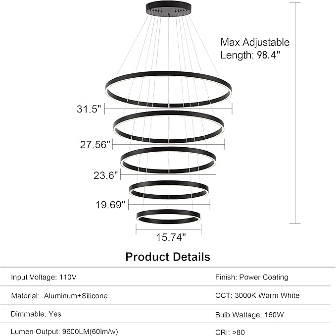 Modern LED Chandelier, 15.7"-31.4" Ring Chandelier, Black, High Ceiling, Foyer, Living Room