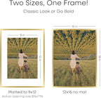 Homeforia 12x16 Picture Frame Gold, High End Metal 12x16 Poster Frames with Mat 9x12 for Photo, 12 x 16 Gold Frame Matted to 9 by 12 Print, 16x12 Thin Hanging Frame, Tempered Glass, Wall Kit, Set of 1