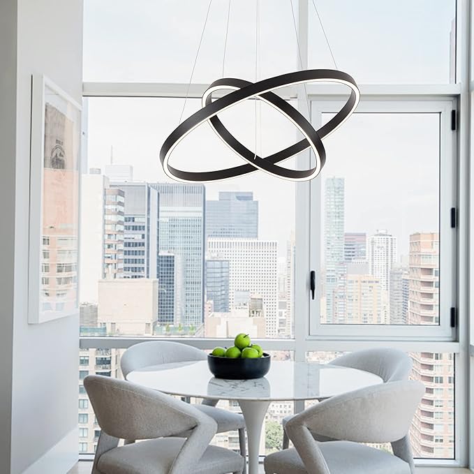 Modern Led Chandelier, 2 Rings Contemporary Chandelier Circular Pendant Light, Black Dimmable Hanging Ceiling Light Fixture for Living Dining Room