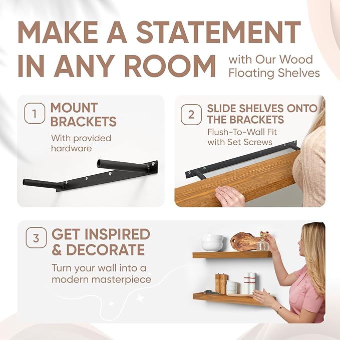 Homeforia 36 inch Golden Oak Floating Shelf, High End Solid Real Wood 36inch Small Floating Shelves for Wall Mounted, Oak Wooden 36in Floating Shelves, Heavy Duty Bracket, 36 X 6.5 X 1.75 in, Set of 2