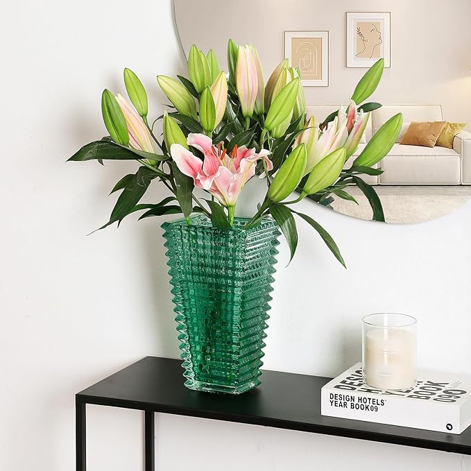 MCMCNCUIU Crystal Glass Vase, Large Crystal Vases for Flowers, Large Flower Vase, Green Modern Vases for Living Room, Bedroom, Kitchen, Dining Table, Mantle, Wedding, 11 Inches