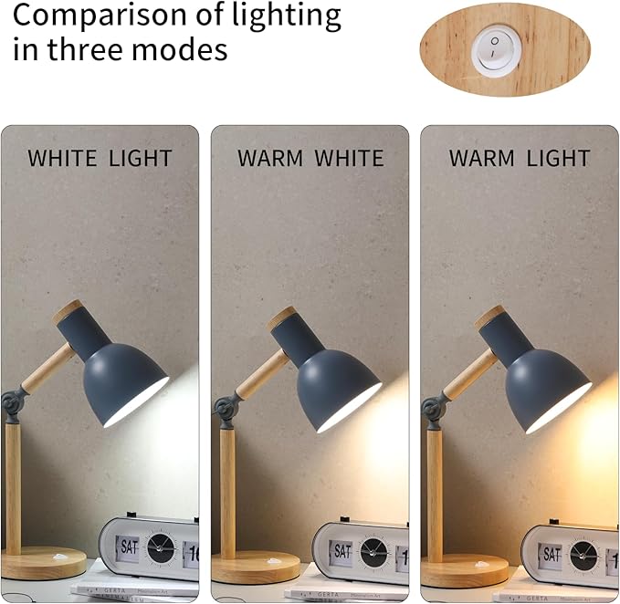 Small Wooden Desk Lamp,Adjustable tri-Color Kids Table Lamp,Desk Lamp for Home Office,Bedside lamp,Dorm lamp (Grey)