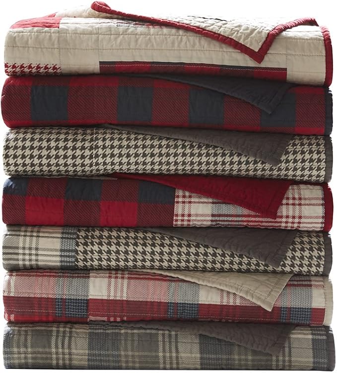 Woolrich Luxury Quilted Throw - Cabin Lifestyle, Patchwork with Moose Design All Season, Lightweight and Breathable Cozy Bedding Layer Throws for Couch Sofa, 50" W x 70" L, Sunset Red