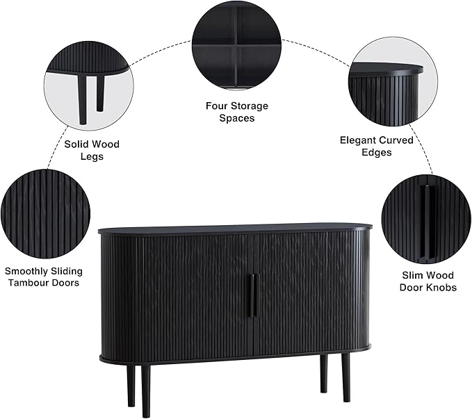 53''Sideboard Buffer Cabinet with Fluted Slide Doors, Modern Credenza Storage Cabinet, Tambour Bar Console Table for Living Dining Room Kitchen Hallway Entryway, Black