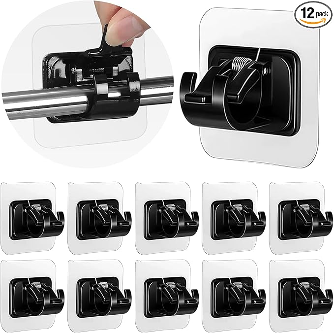 12PCS Self Adhesive Curtain Rod Holder, No Drill Curtain Rod Brackets, Nail Free Adjustable Curtain Rod Hooks, Curtain Rods No Drilling for Windows Home Kitchen Bedroom Hotel (Black)