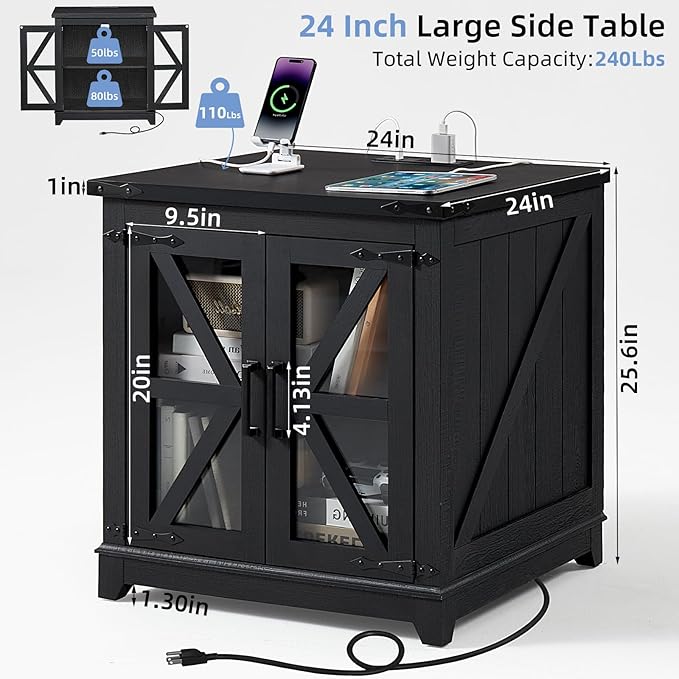 Farmhouse End Table with Charging Station, 24" Large Sofa Side Table with Glass Barn Door,Black Nightstand with Adjustable Storage Shelf,Wood Square Bedside Table for Living Room,Bedroom