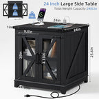Farmhouse End Table with Charging Station, 24" Large Sofa Side Table with Glass Barn Door,Black Nightstand with Adjustable Storage Shelf,Wood Square Bedside Table for Living Room,Bedroom