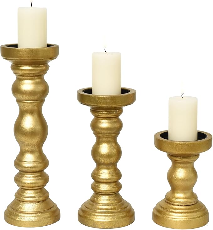 SWALLOWLIVING Rustic Farmhouse Wood Pillar Candle Holder Set of 3 for Candlestick, Gold