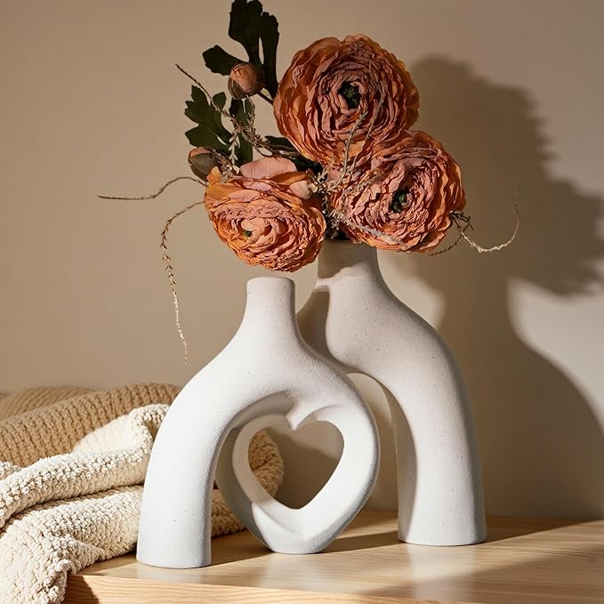 Snuggle Hollow Ceramic Decorative Vase, Modern Minimalist Nordic Boho Ins Style Vases for Home Decor Living Room Shelf Entryway Coffee Table or Console Décor (Matte Milky White)