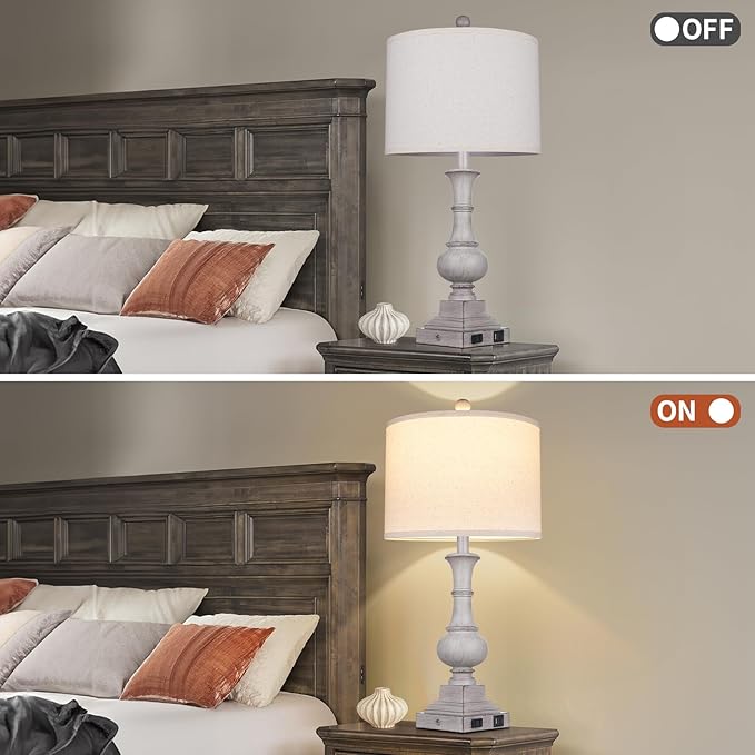 Farmhouse Lamps Set of 2, 26" Vintage Rustic Touch Control Bedside Lamp with USB A+C Ports & AC Outlet, 3-Way Dimmable Boho Nightstand Lamp Washed Resin Linen Fabric Shade for Living Room Bedroom Grey
