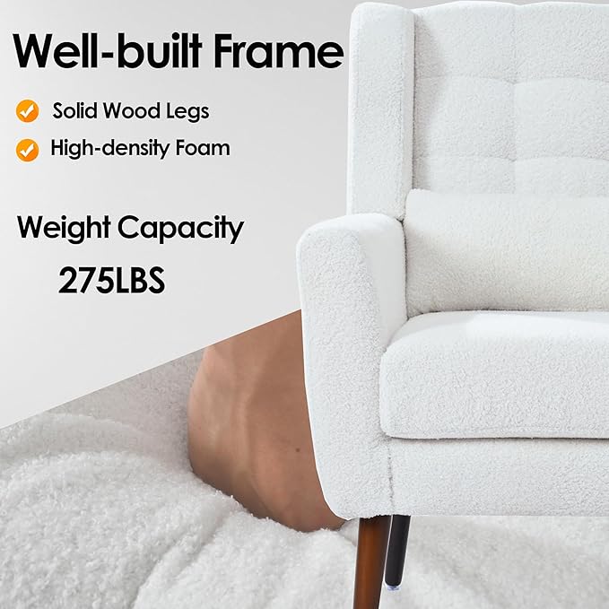 Accent Chair, Comfy Upholstered Living Room Chairs with High Tufted Backrest and Pillow, Wingback Reading Chair with Solid Wood Legs for Bedroom/Office,Teddy Fabric, White