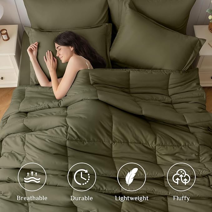 JOLLYVOGUE Full Comforter Set, Ultra-Soft Bed in a Bag Full Size 7 Pieces, Oeko-TEX Certified Bedding Set with Down Alternative Comforter, Sheets, Pillowcases & Shams, Olive Green