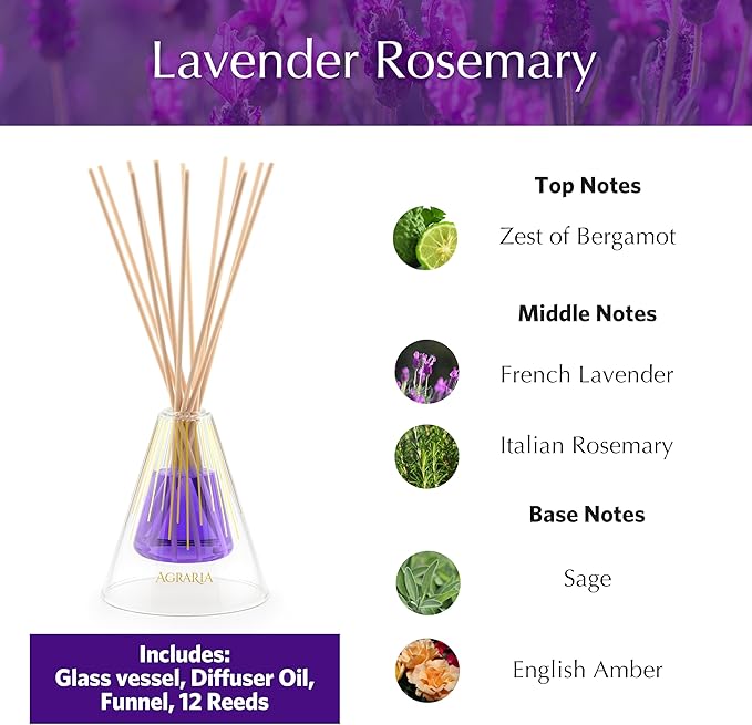 Agraria Lavender & Rosemary Reed Diffuser Set, 12 Reeds Essential Oil Scent Diffuser for Home Fragrance, Gift Box