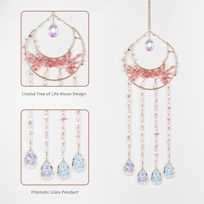 Pink Gemstone Large Moon Dream Catcher Chakra Tree of Life Dream Catcher with Crystals and Prismatic Glass Pendant Handmade Dreamcatcher Suncatcher Wall Decor for Adults Bedroom Garden Bless Gift