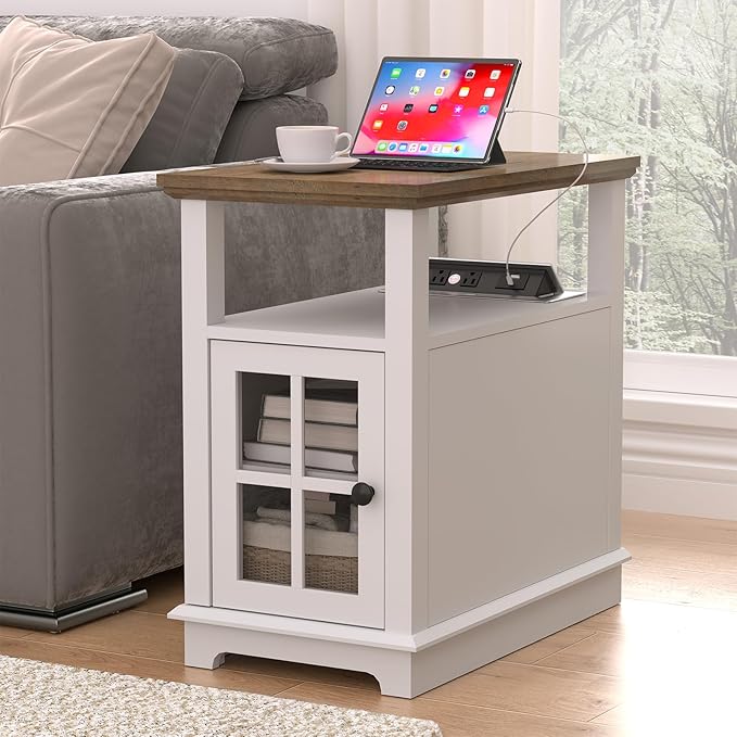 HIFYOBRO Narrow End Table with Flip Top Charging Station, Storage Side Table, Type-C & USB Port & Adjustable Shelf, White End Table Living Room & Bedroom Nightstand