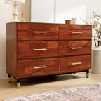 Walnut Dresser for Bedroom, 6 Drawer Brown Wood Dresser with Modern Storage Organizer, Wide Chest of Drawers for Closet, Clothes, Living Room