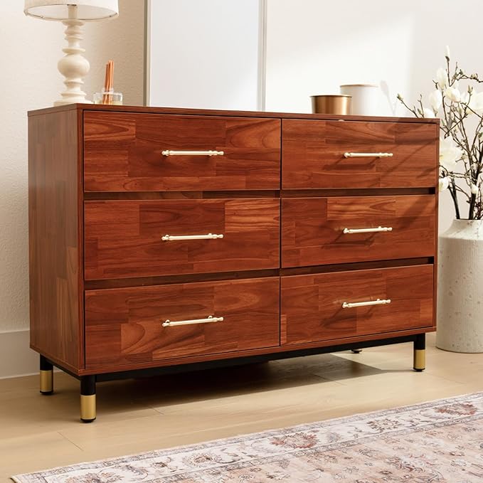 Walnut Dresser for Bedroom, 6 Drawer Brown Wood Dresser with Modern Storage Organizer, Wide Chest of Drawers for Closet, Clothes, Living Room