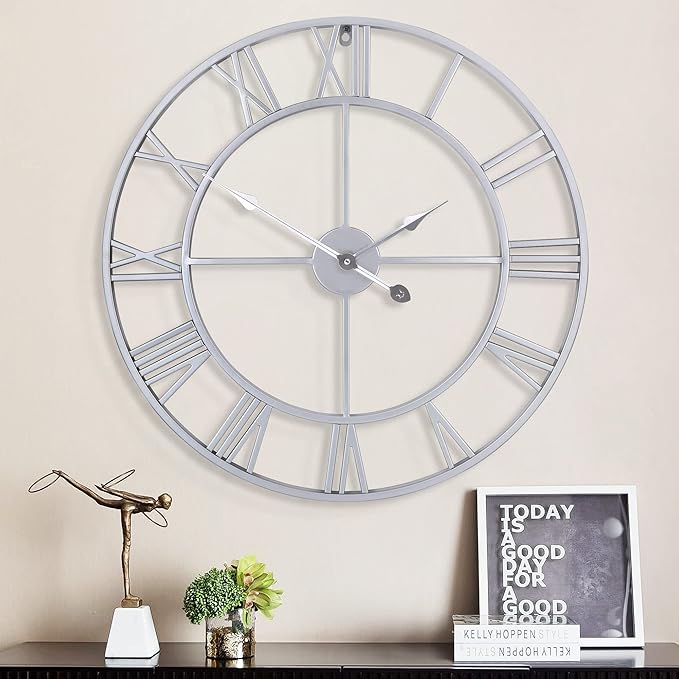 1st owned Large Wall Clock Metal Retro Roman Numeral Clock, Modern Round Wall Clocks Almost Silent, Easy to Read for Living Room/Home/Kitchen/Bedroom/Office/School Decor (Silver, 32 Inch)