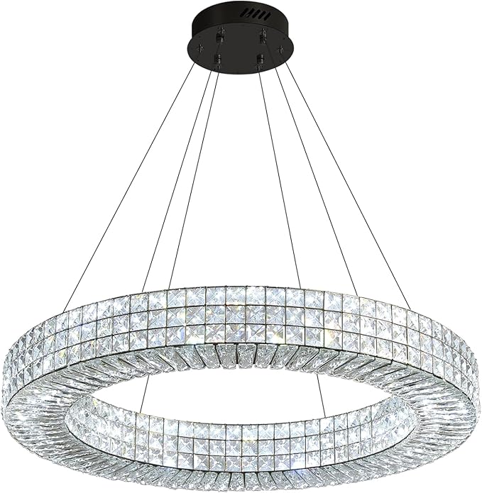 Dia 32" Ring Crystal Chandelier Modern Black Ring Chandelier Adjustable Height Luxury Crystal Pendant Ceiling Light Fixture for Dining Living Room Bedroom