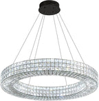 Dia 32" Ring Crystal Chandelier Modern Black Ring Chandelier Adjustable Height Luxury Crystal Pendant Ceiling Light Fixture for Dining Living Room Bedroom