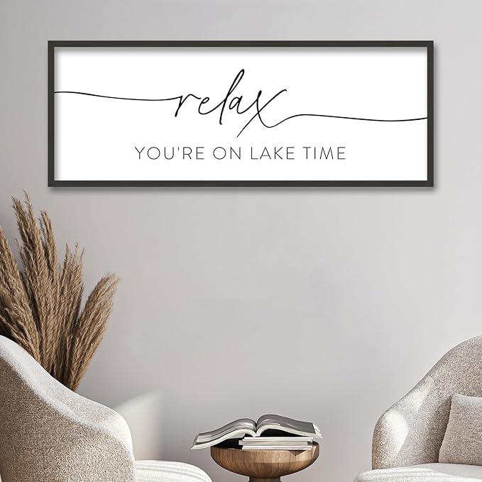 SRSZHIYUE Relax You're On Lake Time Wall Decor Above Bed Sign 32"×12" for Lake House Bedroom Over Bed Large Wood Framed Hanging Art (Black)