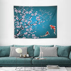 Japanese Koi Fish Tapestry, Cherry Blossoms Asian Oriental Green Teal Flower Branch Koi Fish Carp Tapestries Wall Hanging for Bedroom Living Room Office Decor 40"x30"