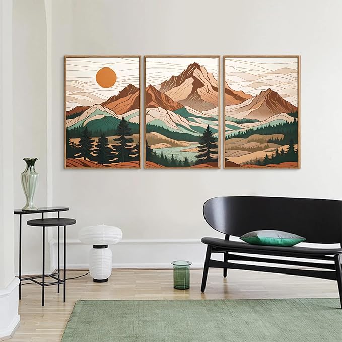 Tinonedraw Mountain Framed Canvas Wall Art Set of 3, Sunrise Forest Woodland Landscape Art Prints, Boho Coloful Ridge Scenery Wall Decor, Wood Pine Wilderness Art Paintings for Living Room Bedroom, Office 16"x24"