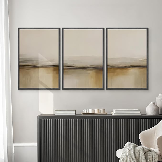 SIGNWIN Framed Canvas Print Wall Art Warm Neutral Horizon Abstract Beige and Brown Landscape Photography Modern Art Minimalist Black and White for Living Room, Bedroom, Office - 16"x24"x3 Black