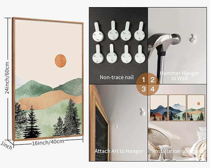 SIGNINART Boho Mountains Framed Canvas Wall Art Set of 3, Watercolor Nature Landscape Art Prints, Neutral Modern Sunrise Art Paintings, Green Forest Wall Decor for Living Room Bedroom Office 24"x36"x3