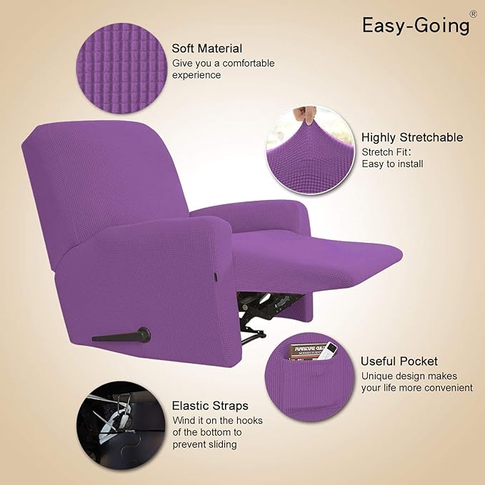 Easy-Going Recliner Stretch Sofa Slipcover Sofa Cover 4-Pieces Furniture Protector Couch Soft with Elastic Bottom SpandexJacquard Fabric Small Checks(Recliner,Purple) Large