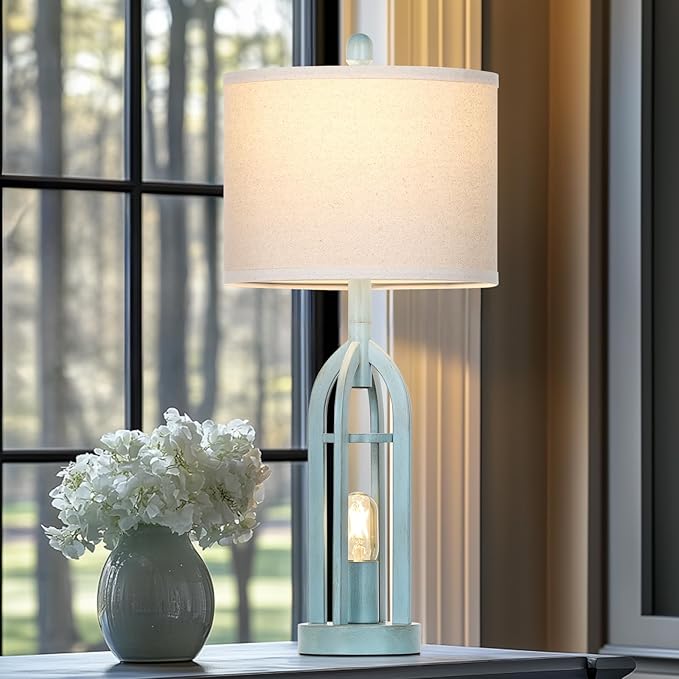 27" Industrial Farmhouse Table Lamp,Vintage Rustic Blue Beside Lamp with USB A+C Charging Ports & AC Outlet, Metal Nightstand Lamp with LED Night Light for Bedrooms (2 LED Bulbs Included)