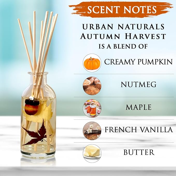 Urban Naturals Autumn Harvest Scented Oil Reed Diffuser | Fall Home Decor with Real Leaves & Botanicals | Creamy Pumpkin Pie, Nutmeg, Maple & Vanilla