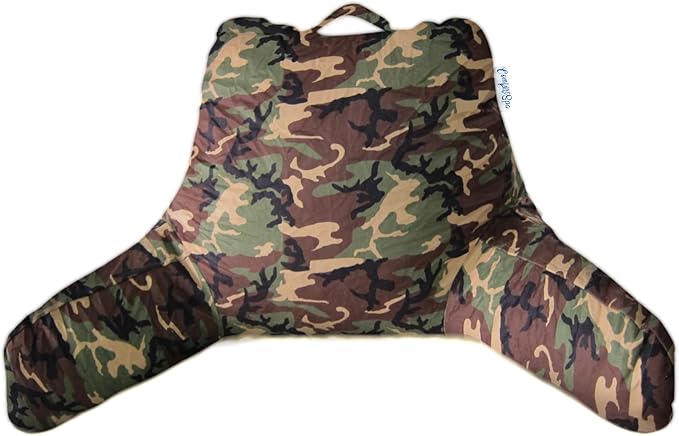 ComfortSpa Reading Pillow for Bed Adult Size, Back Rest Pillow with Arms, Pockets, Washable Cover; Use as Back Pillow for Bed Sitting Up for Bedrest or Relief from GERD Heartburn (Large Camouflage)