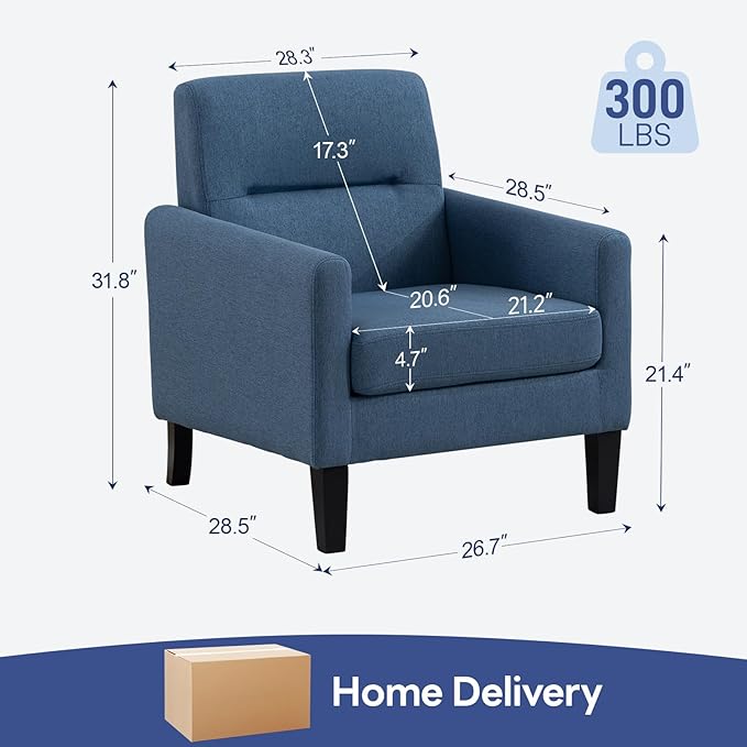 Accent Chair, Mid Century Modern Living Room Chairs Comfy Reading Chair with Upholstered Cushion Relax Armchair for Bedroom Apartment,Office,Blue