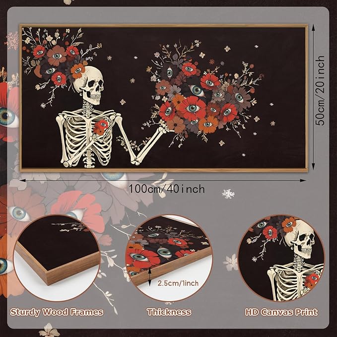 KAIRNE Halloween Skeleton Wall Art,Gothic Skull Canvas Set of 1(40”x20”),Romantic Spooky Floral Botanical Print,Scary Skull Painting,Horror Halloween Wall Art for Living Room Bedroom Goth Party Decor