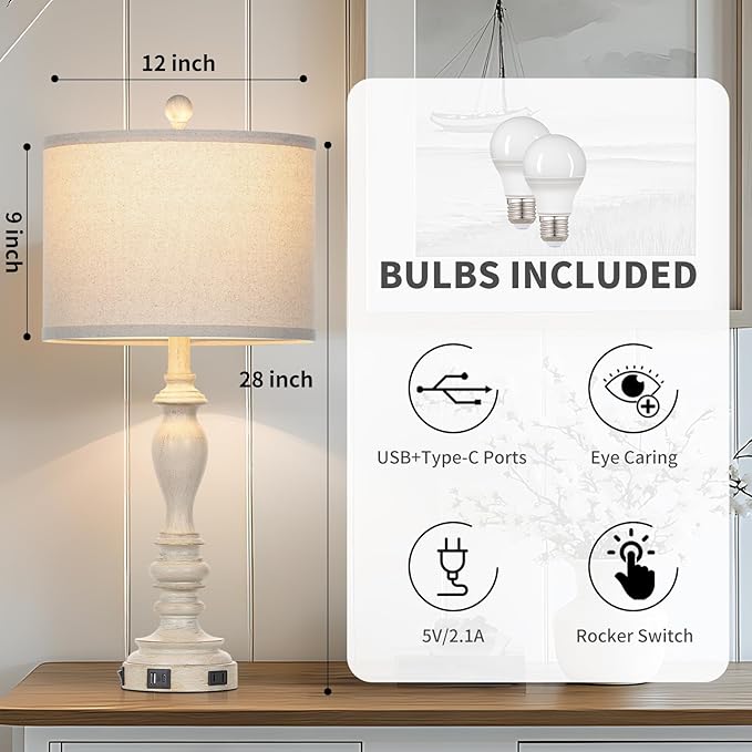 28" Table Lamps with USB C+A Ports & AC Outlets, Farmhouse Rustic Table Lamps Set of 2, Vintage End Table Nightstand Resin Bedside Lamp for Living Room Bedroom, Fabric Linen Shade Washed Antique Beige