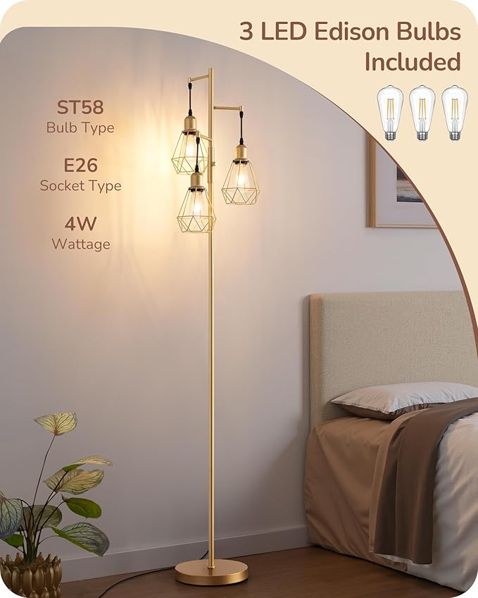 EDISHINE 70'' Dimmable Industrial Floor Lamp, Farmhouse Standing Lamps Diamond-Shaped Lampshade, 3 LED Edison Bulbs Included, Farmhouse Rustic Floor Lamps for Living Room, Bedroom, Office, Gold
