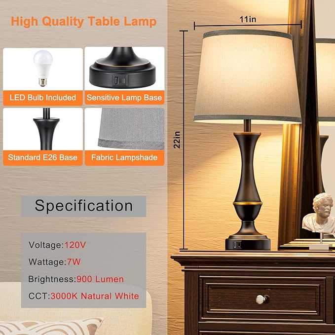 Upgraded Touch Lamps for Bedrooms Set of 2 - Nightstand Table Lamp with USB C+A, 3 Way Dimmable Lamps for Living Room(Grey)