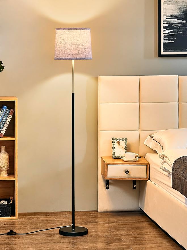 60" Modern Floor Lamp for Living Room Bedroom, Standing Lamp with Oatmeal Linen Lampshade, Tall Lamp with A19 9W 3 Color Temperature Bulb, Foot Switch Control, Black & Gold