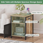 FATORRI End Table with Storage, Rustic Side Table for Living Room, Narrow Wood and Metal Bedside Tables with Door (Rustic Oak)