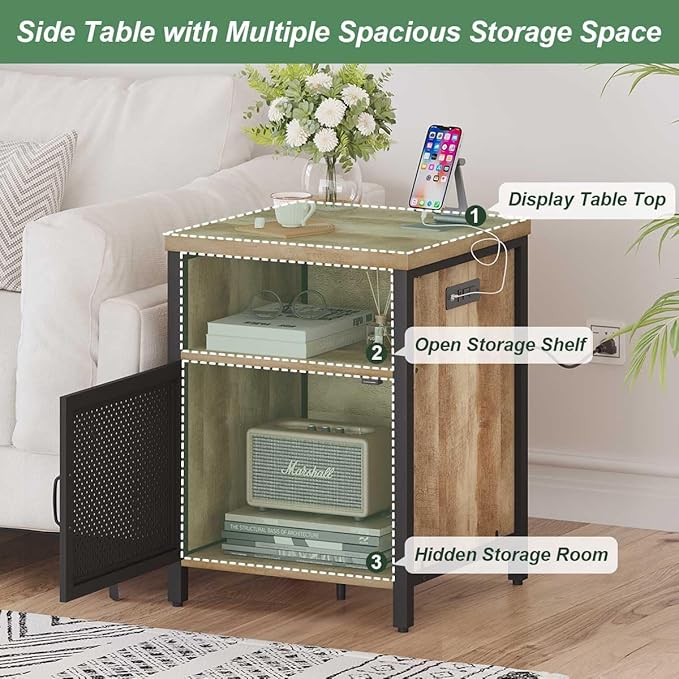 FATORRI End Table with Storage, Rustic Side Table for Living Room, Narrow Wood and Metal Bedside Tables with Door (Rustic Oak)