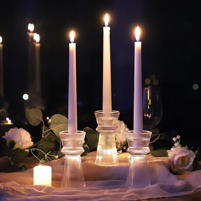 VOHO Clear Ribbed Taper Candle Holders Set of 3, Minimalist Style Glass Candle Holder for Candlesticks and Tealight Candles, Classy Candlestick Holders for Bridal Shower Wedding Decor/Birthday/Holiday