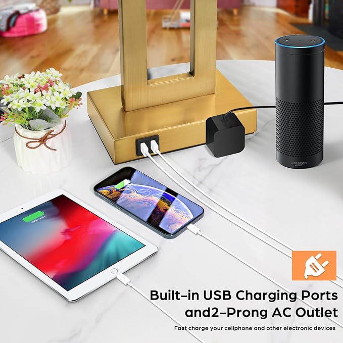 Modern Vintage Gold Table Lamp Set of 2, 28inch Tall Lamps for Living Room Bedroom with 2 USB Ports&AC Outlet, 3 Way Dimmable Touch Control Desk Lamps for Reading Home Office, E26 Socket, with Bulb
