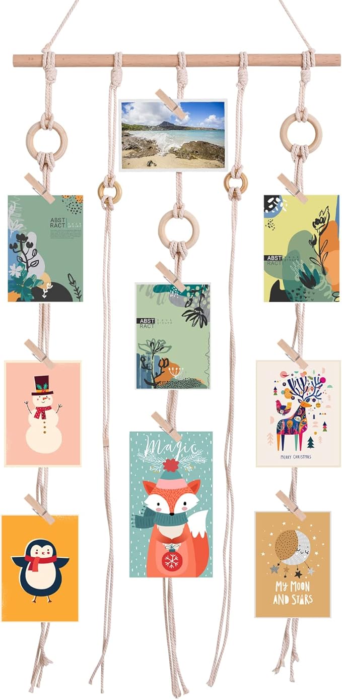Hanging Photo Display, Macrame Wall Hanging Pictures Holders, Boho Pictures Organizer for Wall Decoration, with 30 Wood Clips, for Rustic Country Decor, Home, Office, Nursery Room