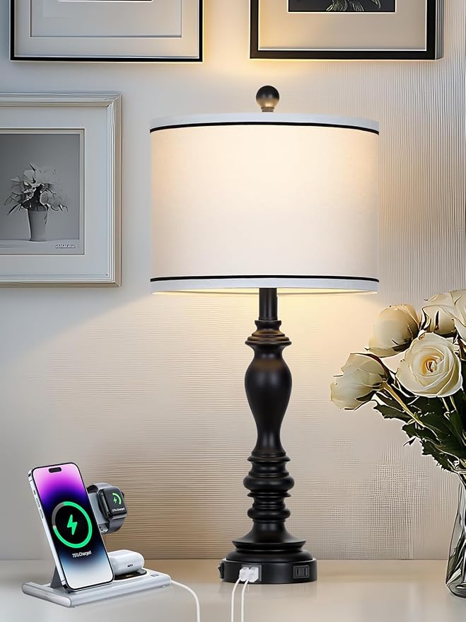 28" Set of 2 Farmhouse Table Lamps for Living room, Bedside Lamp with USB C+A Ports & AC Outlets, Black Vintage End Table Lamps for Bedrooms, Nightstand Lamps Fabric Shades Rustic 2 LED Bulbs Included