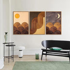 Tinonedraw Mid Century Modern Framed Canvas Wall Art Set, Boho Minimalist Geometric Wall Decor, Bohemian Sun and Moon Art Paintings, Beige Brown Wooden Artwork for Living Room Bedroom Office 24"x36"x3