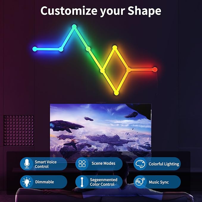 Smart WiFi RGB LED Wall Light Lines, Music Sync DIY Geometry Splicing Gaming Lights, 16M+ Color Changing Home Decor Lights Work with Alexa and Google Assistant for Game Room, Bedroom - 9 Bars